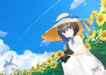  1girl artist_name black_hair blush camera closed_mouth collarbone dated dress eyebrows_visible_through_hair flower hair_ornament hairclip hat holding holding_camera kavka looking_at_viewer original signature smile solo straw_hat sunflower violet_eyes white_dress windmill 