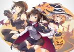  3girls :d akizuki_(kantai_collection) alternate_costume bat_wings black_gloves black_legwear black_skirt blue_eyes braid brown_eyes brown_hair candy cape clothes_writing food garter_straps gloves hachimaki hair_flaps hair_ornament halloween_costume hat hatsuzuki_(kantai_collection) headband jack-o&#039;-lantern kantai_collection liking lollipop long_hair long_sleeves multiple_girls open_mouth paws pleated_skirt propeller_hair_ornament short_hair skirt smile teruzuki_(kantai_collection) thigh-highs twin_braids violet_eyes white_gloves wings witch_hat wolf_paws 