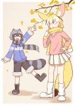  &gt;:d 2girls :d ^_^ adapted_costume animal_ears arm_up autumn_leaves blonde_hair boots closed_eyes commentary_request common_raccoon_(kemono_friends) extra_ears fang fennec_(kemono_friends) fox_ears fox_tail fur-trimmed_shorts fur-trimmed_sleeves fur_trim grey_hair hand_on_hip kemono_friends leg_warmers long_sleeves multicolored_hair multiple_girls open_mouth pleated_skirt print_scarf raccoon_ears raccoon_tail scarf short_hair shorts skirt smile tail waving white_hair white_skirt yellow_scarf 