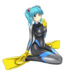  1girl blue_eyes blue_hair bodysuit breasts flippers gloves hair_bobbles hair_ornament highres kawashiro_nitori large_breasts looking_at_viewer short_hair shoukin500 sitting skin_tight smile solo touhou twintails two_side_up wariza wetsuit 