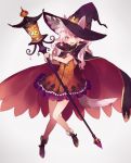  1girl animal_ears bangs bare_legs blush boots brown_footwear cloak dress eyebrows_visible_through_hair full_body grey_background hair_between_eyes halloween hat holding holding_staff long_hair looking_at_viewer open_mouth orange_dress original pink_hair shugao sidelocks simple_background solo staff tail violet_eyes wavy_hair witch witch_hat wrist_cuffs 