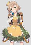  1girl atelier_(series) atelier_escha_&amp;_logy backpack bag bangs bare_shoulders blonde_hair blunt_bangs blush collared_dress commentary_request cowboy_shot detached_sleeves dress green_dress green_eyes grey_background hand_up hat head_tilt highres holding ikeuchi_tanuma legs_apart long_sleeves looking_at_viewer lucille_ernella multicolored multicolored_clothes multicolored_dress parted_lips short_hair simple_background solo standing twitter_username yellow_dress 
