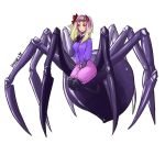  1girl absurdres arachne bangs blonde_hair blue_jacket blush breasts closed_mouth commentary extra_eyes fang full_body gradient_hair hair_ribbon hand_on_own_chest hhhori highres insect_girl jacket long_hair looking_at_viewer medium_breasts monster_girl multicolored_hair neck_ribbon original pink_hair pink_shorts red_eyes red_ribbon ribbon shorts signature solo spider_girl 