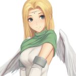  1girl angel_wings arms_at_sides blonde_hair blue_eyes breasts closed_mouth commentary_request detached_sleeves facial_mark forehead_mark green_scarf long_hair looking_at_viewer medium_breasts miura-n315 scarf signature simple_background smile solo upper_body urutori utawareru_mono utawareru_mono:_itsuwari_no_kamen white_background wings 
