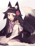  1girl animal_ears bangs black_hair blunt_bangs blush commentary_request fang flipped_hair flower fox_ears fox_tail frilled_skirt frills grey_background hair_flower hair_ornament japanese_clothes long_hair long_sleeves looking_to_the_side miko miko_x_kon! open_mouth red_eyes short_eyebrows shugao sidelocks signature sitting skirt smile solo tail text thigh-highs tsurime very_long_hair wariza wide_sleeves 