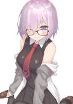  1girl bangs black-framed_eyewear black_dress black_legwear blush breasts closed_mouth dress eyebrows_visible_through_hair fate/grand_order fate_(series) glasses hair_over_one_eye highres hood hoodie jonsun large_breasts looking_at_viewer necktie open_clothes open_hoodie pantyhose pleated_dress purple_hair shielder_(fate/grand_order) short_hair simple_background sitting smile solo violet_eyes wariza white_background 
