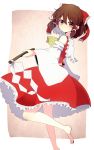  1girl absurdres aoi_(annbi) ascot bangs barefoot bow brown_eyes brown_hair detached_sleeves eyebrows_visible_through_hair from_side gohei hair_between_eyes hair_bow hair_tubes hakurei_reimu highres holding long_sleeves looking_at_viewer red_bow red_skirt sarashi shide short_hair skirt skirt_set solo standing standing_on_one_leg touhou wide_sleeves 