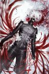  1boy avodkabottle black_jacket black_nails black_pants blood claws commentary face_mask flower gloves hair_between_eyes heterochromia highres jacket kaneki_ken long_sleeves looking_at_viewer lying male_focus mask nail_polish on_back pants red_sclera single_glove solo tokyo_ghoul torn_clothes white_hair yellow_eyes 