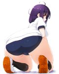  1girl ahoge ass buruma dd_(ijigendd) gym_uniform hair_flaps highres kantai_collection looking_at_viewer looking_back looking_down low_twintails purple_hair red_eyes short_sleeves solo squatting taigei_(kantai_collection) twintails 
