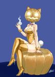  1girl arm_tattoo ass bare_shoulders blue_background blue_fire boots bow bowtie breasts bunny_tail bunnysuit cleavage covered_face curvy detached_collar erza_scarlet fairy_tail fire full_body gold gold_leotard halloween high_heels hips hitodama jack-o&#039;-lantern large_breasts legs_crossed long_legs mashima_hiro mask pumpkin signature sitting solo stiletto_boots stiletto_heels tail tattoo thick_thighs thigh-highs thigh_boots thighs wrist_cuffs 