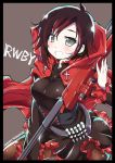  1girl artist_name black_dress cape commentary_request crescent_rose dress english grey_eyes highres iwasaki_masakazu redhead ruby_rose rwby short_hair solo 