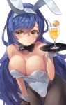  1girl animal_ears bangs bare_shoulders blue_hair blush breasts bunnysuit cleavage closed_mouth cocktail cocktail_glass collarbone cup drinking_glass drinking_straw eyebrows_visible_through_hair girls_frontline hairband highres holding holding_tray large_breasts leaning_forward leotard long_hair looking_at_viewer motokonut pantyhose rabbit_ears simple_background smile solo swept_bangs tar-21_(girls_frontline) tray white_background white_leotard yellow_eyes 