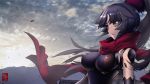  1girl android arikanrobo backlighting bangs bare_shoulders black_hair breasts building clouds cloudy_sky commentary_request day fate/grand_order fate_(series) high_ponytail highres impossible_clothes katou_danzou_(fate/grand_order) large_breasts long_hair looking_afar outdoors parted_bangs red_scarf robot_joints scarf serious sky solo sunlight tsurime upper_body yellow_eyes 