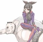  1girl abigail_(final_fight) black_hair bodysuit breasts capcom coelacanth_(gyotaku) drill_hair eyepatch fingerless_gloves gloves han_juri impossible_bodysuit impossible_clothes lying on_stomach sitting sitting_on_person street_fighter street_fighter_v twin_drills 