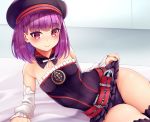 1girl bare_shoulders belt blush breasts detached_sleeves fate/grand_order fate_(series) hat helena_blavatsky_(fate/grand_order) looking_at_viewer panties purple_hair short_hair small_breasts smile solo strapless thigh-highs tomojo underwear violet_eyes 