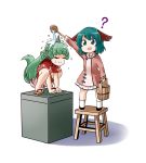  2girls :d ? animal_ears aqua_eyes aqua_hair black_footwear bow bucket closed_eyes curly_hair dress eyebrows_visible_through_hair geta green_bow green_hair hishaku horn kariyushi_shirt kasodani_kyouko komano_aun kousei_(public_planet) long_hair long_sleeves looking_at_viewer multiple_girls no_nose open_mouth pedestal pink_dress pink_shorts red_shirt shirt short_hair short_sleeves shorts smile socks splashing standing stool tail touhou very_long_hair wet white_background white_legwear wooden_bucket 