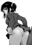 1girl arched_back ass bangs blazer greyscale jacket looking_back miniskirt monochrome mouth_hold original panties pleated_skirt side_ponytail sidelocks simple_background skirt solo striped striped_panties teoshiguruma thighs underwear 