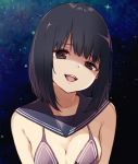  1girl :d bangs bare_shoulders bikini_top black_hair blue_background blunt_bangs breasts brown_eyes cleavage commentary_request gradient gradient_background half-closed_eye head_tilt lips looking_at_viewer manatsuki_manata medium_breasts open_mouth original purple_bikini_top sailor_collar shaded_face shiny shiny_skin short_hair smile solo sparkle upper_teeth 