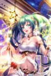  1girl armlet blush bracelet breasts collarbone green_eyes green_hair hatsune_miku jewelry long_hair looking_at_viewer medium_breasts musical_note navel number_tattoo open_mouth sky solo star strapless tattoo tubetop twintails uni_(uniuni5) very_long_hair vocaloid 