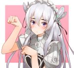  1girl :/ blush border chaika_trabant clenched_hands closed_mouth commentary_request eyebrows_visible_through_hair grey_hair hair_between_eyes hairband hechi_(hechi322) hitsugi_no_chaika lolita_hairband long_hair looking_at_viewer outside_border paw_pose puffy_short_sleeves puffy_sleeves short_sleeves solo thick_eyebrows upper_body violet_eyes 