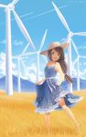  1girl :d artist_name black_hair blue_dress blue_eyes blue_sky clouds collarbone day dress full_body hair_between_eyes hair_ribbon hat highres long_hair looking_at_viewer low-tied_long_hair open_mouth original outdoors ponytail ribbon rimuu skirt_hold sky sleeveless sleeveless_dress smile solo standing straw_hat sundress white_ribbon wind_turbine windmill 