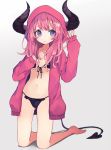  1girl bangs bare_legs barefoot bikini black_bikini blush breasts closed_mouth collarbone demon_horns demon_tail eyebrows_visible_through_hair frilled_bikini frills full_body grey_background hands_up hood hood_up hoodie horns kneeling light_frown long_hair looking_up navel original pink_hair shugao simple_background sleeves_past_wrists small_breasts solo swimsuit tail tareme thighs violet_eyes 