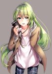  1boy :d arm_behind_back bangs black_pants blush brown_coat casual coat collarbone cowboy_shot cup enkidu_(fate/strange_fake) eyebrows_visible_through_hair fate/strange_fake fate_(series) glint green_eyes green_hair grey_background hane_yuki highres holding holding_cup long_hair long_sleeves male_focus open_clothes open_coat open_mouth pants paper_cup shirt simple_background smile standing trap unbuttoned very_long_hair white_shirt 
