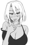  1girl blush breasts camisole cleavage collarbone dark_skin finger_licking half-closed_eyes large_breasts licking monochrome original pcmaniac88 solo strap_slip tongue tongue_out upper_body 