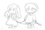  1boy 1girl aya7721 dress fate/extra fate_(series) full_body grass greyscale hair_between_eyes holding jumprope kishinami_hakuno_(female) kishinami_hakuno_(male) long_hair long_sleeves monochrome no_nose shirt short_hair shorts sketch standing white_background younger 