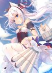  1girl animal_ears azur_lane bare_shoulders blue_eyes blush cat_ears corset fang fang_out hairband hammann_(azur_lane) highres long_hair looking_at_viewer nose_blush ocean outdoors skirt sky solo strapless tatapopo thigh-highs two_side_up very_long_hair water white_hair white_legwear white_skirt wrist_cuffs 