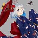  1girl artist_name blue_eyes blue_hair blush dated eyebrows_visible_through_hair grey_background grey_hair hair_ornament holding holding_umbrella kavka looking_at_viewer multicolored_hair open_mouth original parasol short_hair signature simple_background smile solo teeth umbrella 