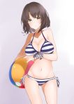  1girl ball beachball bikini blush breasts brown_eyes brown_hair closed_mouth collarbone cowboy_shot cute eyebrows_visible_through_hair front-tie_bikini front-tie_top gluteal_fold groin hechi_(hechi322) katou_megumi large_breasts looking_at_viewer navel saenai_heroine_no_sodatekata side-tie_bikini smile solo swimsuit 