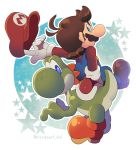  1boy blue_eyes brown_hair dinosaur facial_hair gloves hat highres mario super_mario_bros. mustache omochi_(glassheart_0u0) short_hair smile super_mario_bros. yoshi 