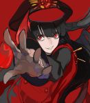  1girl bangs black_hat blunt_bangs demon_archer fate_(series) gloves grin hair_between_eyes hat jacket kibadori_rue koha-ace long_sleeves parted_lips peaked_cap reaching_out red_background red_eyes simple_background smile solo upper_body 