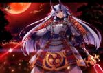  1girl armor bangs dual_wielding fate/grand_order fate_(series) full_moon glint hair_between_eyes headband highres holding holding_weapon horns japanese_armor katana legs_apart long_hair long_sleeves moon night oni_horns open_mouth raiou red_eyes red_sky revision silver_hair sky sode solo standing sword tomoe_gozen_(fate/grand_order) tsurime weapon 