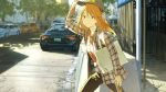  1girl bag belt blonde_hair blurry blurry_background brown_eyes car coffee_cup contemporary flannel ground_vehicle hair_ribbon hand_on_headwear hat highres jacket long_hair looking_at_viewer loundraw motor_vehicle orange_hair original outdoors ribbon road smile street 