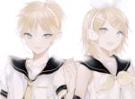  1boy 1girl :d blonde_hair bow brother_and_sister collarbone detached_sleeves grey_eyes hair_bow hair_ornament hairband hairclip hand_holding headphones kagamine_len kagamine_rin looking_at_viewer lpip microphone nail_polish neckerchief necktie open_mouth shirt short_hair short_sleeves siblings simple_background sleeveless sleeveless_shirt smile upper_body vocaloid white_background white_bow white_hairband white_shirt yellow_nails yellow_neckwear 