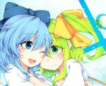  2girls blue_eyes blue_hair bow breasts cirno cleavage collared_shirt daiyousei friends green_eyes green_hair hair_bow hair_ribbon happy looking_at_another multiple_girls one_eye_closed one_eye_covered open_clothes open_collar open_mouth open_shirt reflective_eyes ribbon shiny shiny_hair shirt short_hair side_ponytail small_breasts smile tama_(soon32281) touhou upper_body white_shirt 