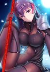  1girl bodysuit breasts cosplay erect_nipples fate/grand_order fate/stay_night fate_(series) gae_bolg holding holding_weapon large_breasts long_hair looking_at_viewer matou_sakura pauldrons polearm purple_bodysuit purple_hair scathach_(fate/grand_order) scathach_(fate/grand_order)_(cosplay) solo spear violet_eyes weapon zukky 