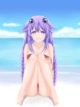  1girl absurdres beach bikini blue_eyes braid breasts centon_(736023681) cleavage clenched_teeth crying day hair_ornament highres long_hair looking_at_viewer medium_breasts neptune_(series) ocean outdoors purple_hair purple_heart sitting solo swimsuit symbol-shaped_pupils tears twin_braids untied very_long_hair wardrobe_malfunction 