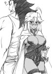  1boy 1girl ? ahoge belt blush breasts cape cleavage crossed_arms detached_sleeves elf large_breasts leotard monochrome muscle orc original pcmaniac88 pointy_ears sharp_teeth size_difference sword teeth thigh-highs weapon 