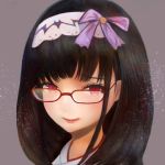  1girl black_hair blush fate/grand_order fate_(series) fou_zi glasses hair_ribbon hairband long_hair looking_at_viewer osakabe-hime_(fate/grand_order) portrait red-framed_eyewear ribbon smile solo violet_eyes 