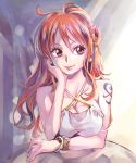  1girl arm_tattoo bare_shoulders blue_eyes bracelet breasts chin_rest cleavage commentary_request criss-cross_halter dress earrings female flower halterneck himerinco jewelry large_breasts lips long_hair looking_away nami_(one_piece) one_piece side_bun smile solo strap_gap tattoo upper_body 
