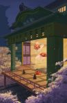  3girls animal aquarium balcony blue_sky cherry_blossoms city fish geisha japanese_clothes kimono koi multiple_girls night original outdoors oversized_animal portcat_(deronenene) railing scenery shrine sitting sky torii 
