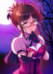  1girl akizuki_ritsuko antenna_hair black-framed_eyewear blush breasts brown_eyes brown_hair capelet cleavage fang fingerless_gloves folded_ponytail full_moon glasses gloves hand_on_own_chin heart heart-shaped_pupils idolmaster large_breasts looking_at_viewer moon my_dear_vampire night nose_blush noukatu outdoors outstretched_hand puffy_sleeves round_eyewear short_hair short_sleeves solo symbol-shaped_pupils 