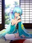 1girl aqua_hair bare_shoulders blurry breast_hold breasts cleavage closed_mouth depth_of_field eyebrows_visible_through_hair fate/grand_order fate_(series) hair_between_eyes hair_ornament horns indoors japanese_clothes kazuma_muramasa kimono kiyohime_(fate/grand_order) lips long_hair long_sleeves medium_breasts obi off_shoulder sash side_slit sitting smile solo tatami thigh-highs very_long_hair white_legwear wide_sleeves yellow_eyes 