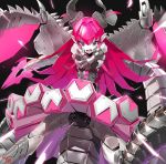  1girl bangs black_background blue_eyes commentary crossed_arms fate/grand_order fate_(series) hair_between_eyes horns lancer_(fate/extra_ccc) long_hair looking_at_viewer mecha open_mouth pink_hair robot signature skirt solo sparks tail wings yang-do 