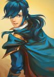  blue_eyes blue_hair cape celice_(fire_emblem) fire_emblem fire_emblem:_seisen_no_keifu headband highres long_hair looking_at_viewer pauldrons ponytail simple_background smile solo traditional_media watercolor_(medium) 