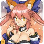 1girl animal_ears bare_shoulders blue_ribbon breasts cleavage collar ears_through_headwear erica_june_lahaie fate/extra fate/grand_order fate_(series) fox_ears hair_ribbon japanese_clothes large_breasts parted_lips pink_hair ribbon signature smile solo tamamo_(fate)_(all) tamamo_no_mae_(fate) upper_body watermark web_address yellow_eyes 