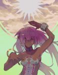  1girl arm_up armpits bare_shoulders bracelet breasts choker commentary dancing dark_skin facial_mark green_background hair_between_eyes jewelry kibadori_rue long_hair looking_at_viewer medium_breasts parted_lips pink_hair pointy_ears red_eyes solo twintails upper_body 
